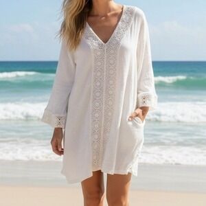 Raviya Beach Cover Up Dress Sz M White 100% Cotton Gauze Crochet Lace Resort